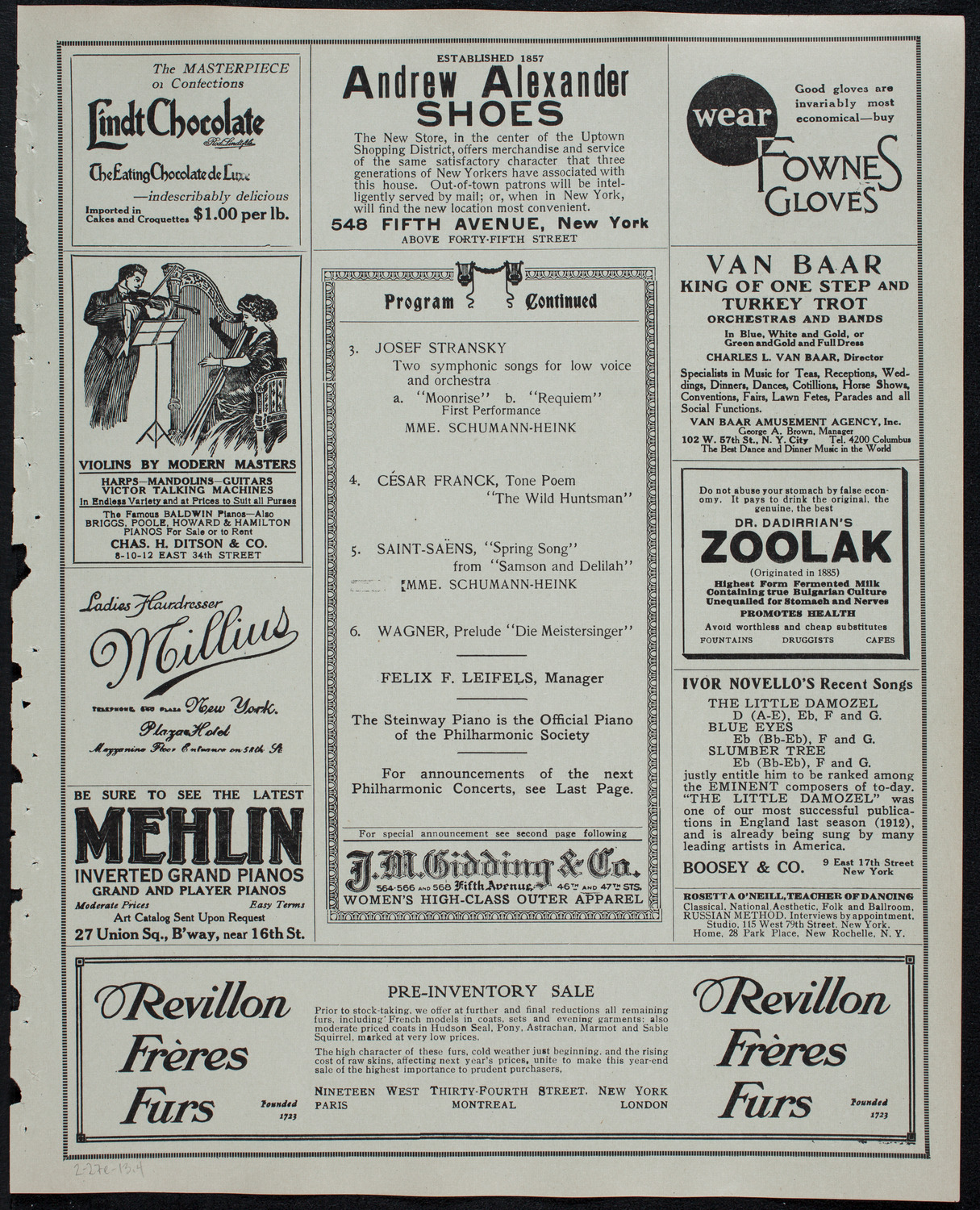 New York Philharmonic, February 27, 1913, program page 7