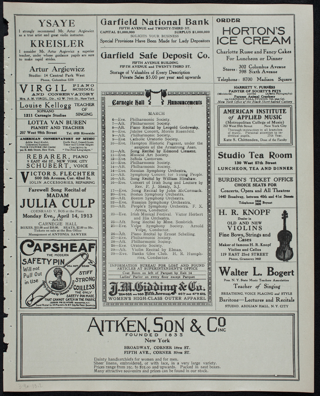 Eugène Ysaÿe, Violin, and Rudolph Ganz, Piano, March 4, 1913, program page 3
