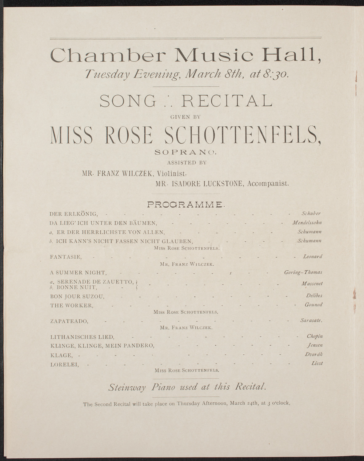 Rose Schottenfels, March 8, 1892, program page 6