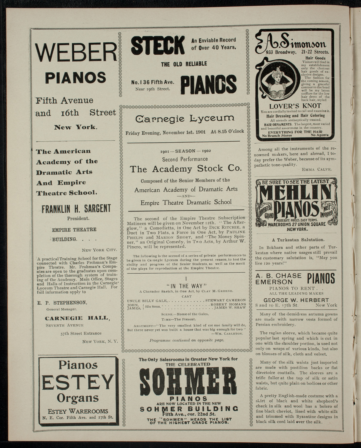 Academy Stock Company of the American Academy of Dramatic Arts and Empire Theatre Dramatic School, November 1, 1901, program page 2