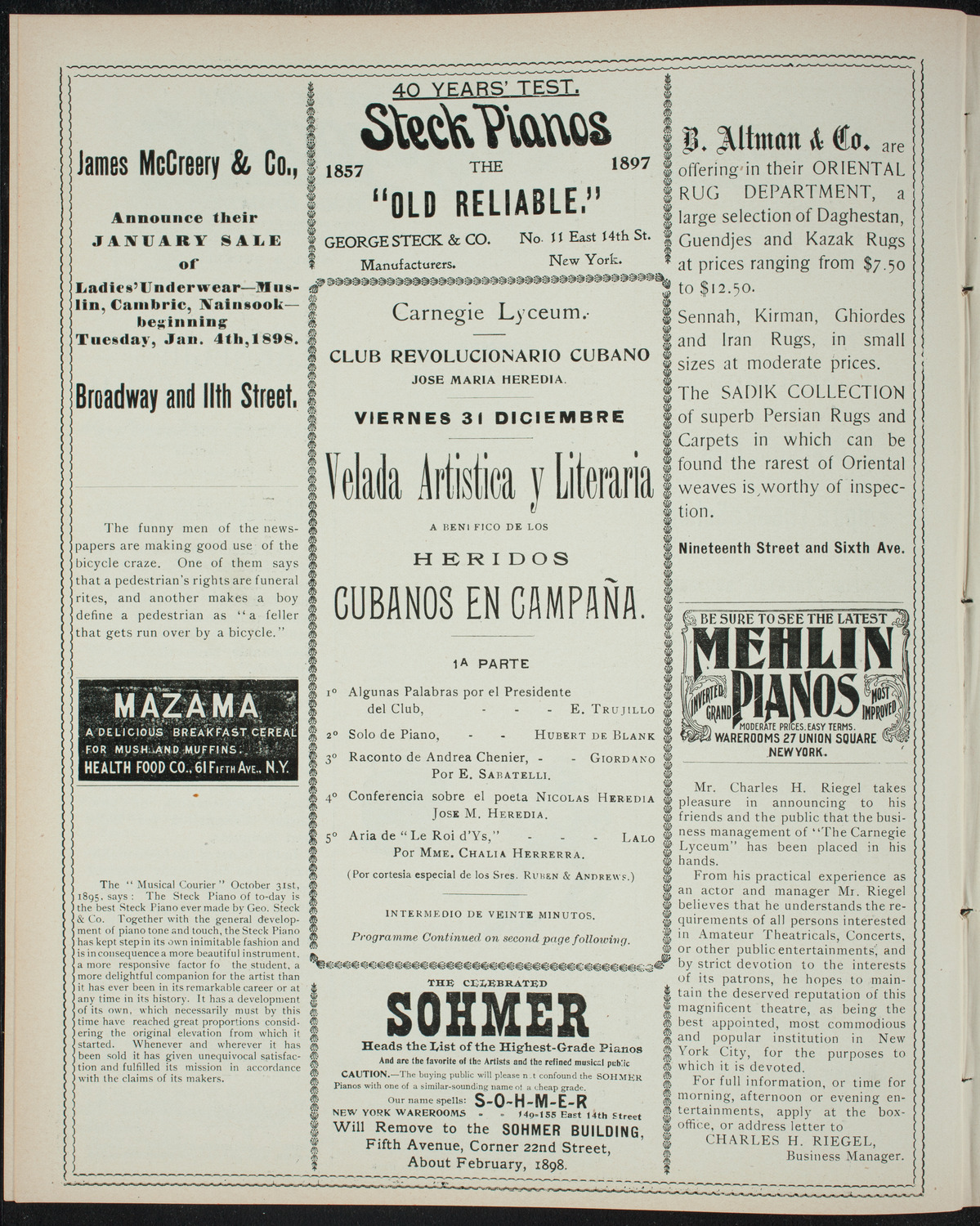 Benefit: Club Revolucionario Cubano/ Wounded Cubans, December 31, 1897, program page 4