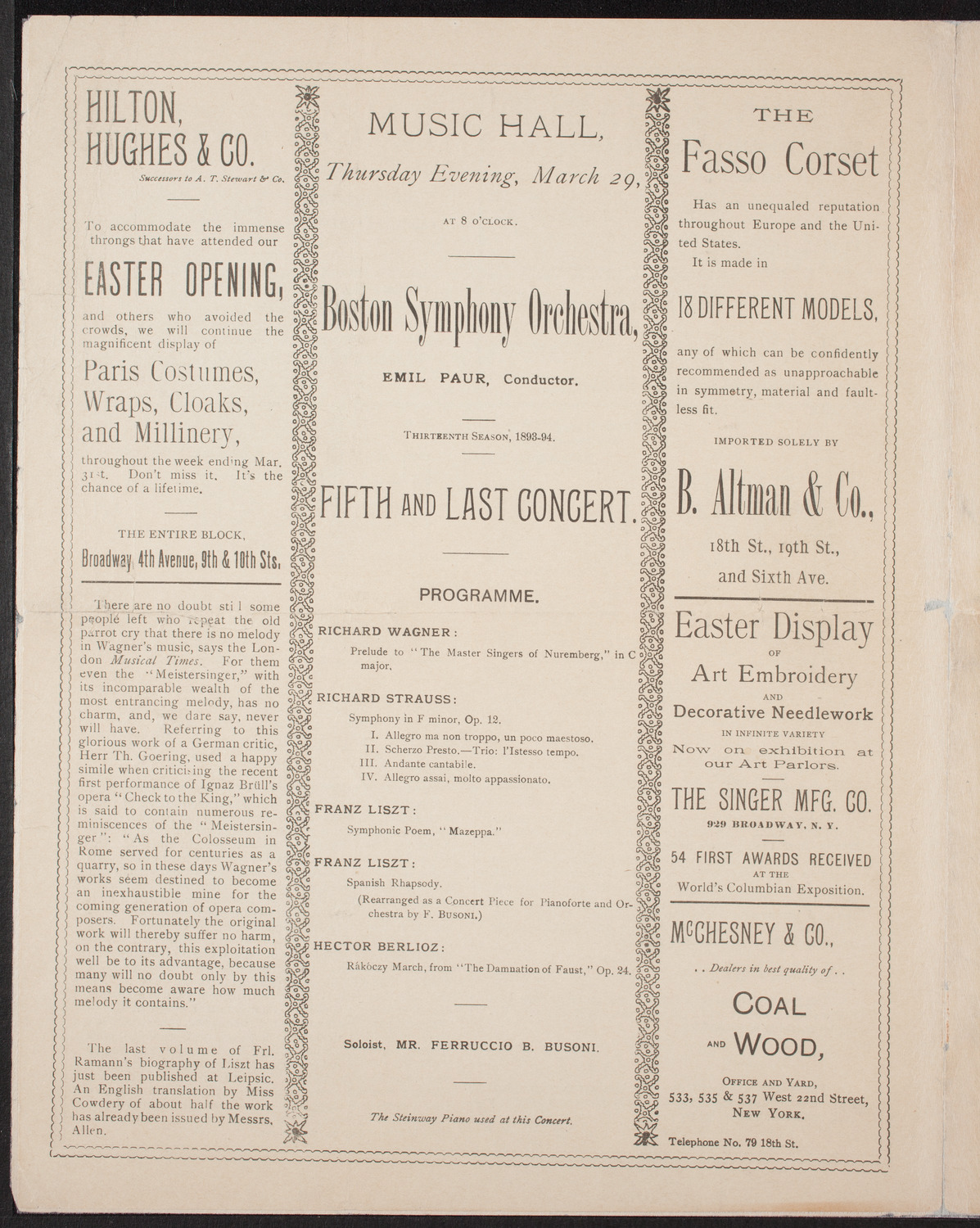 Boston Symphony Orchestra, March 29, 1894, program page 4