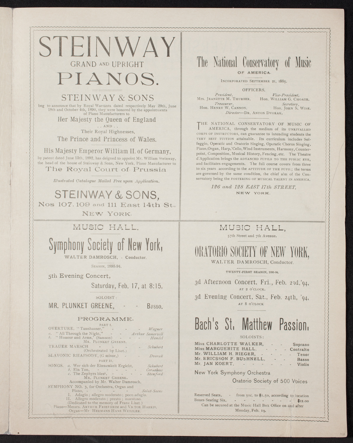 Grand Opera in German: Die Walküre, February 17, 1894, program page 5