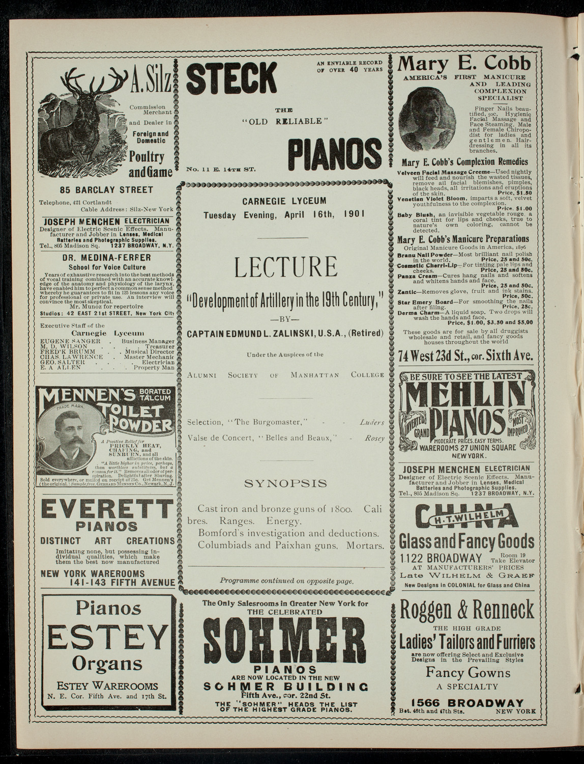 Lecture by Captain Edmund L. Zalinski, April 16, 1901, program page 2