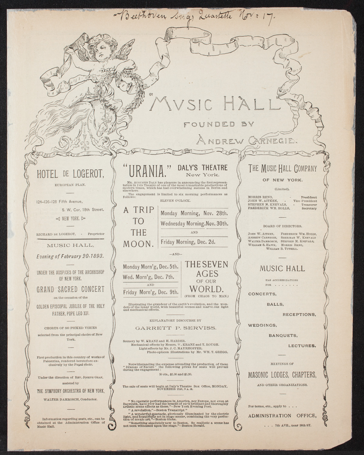 Beethoven String Quartet, November 17, 1892, program page 1