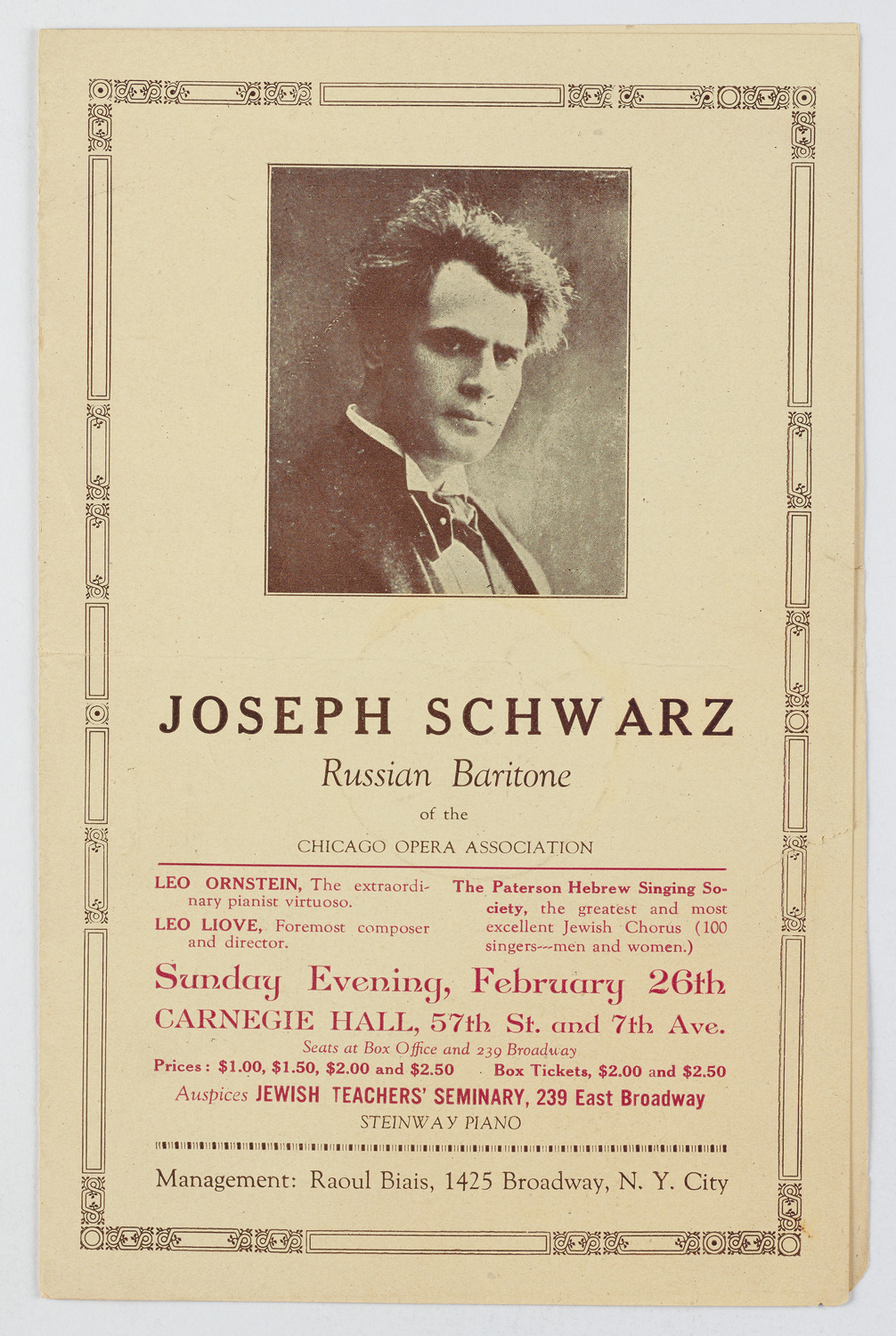 Joseph Schwarz, as part of Jewish Teachers' Seminary Concert, February 26, 1922