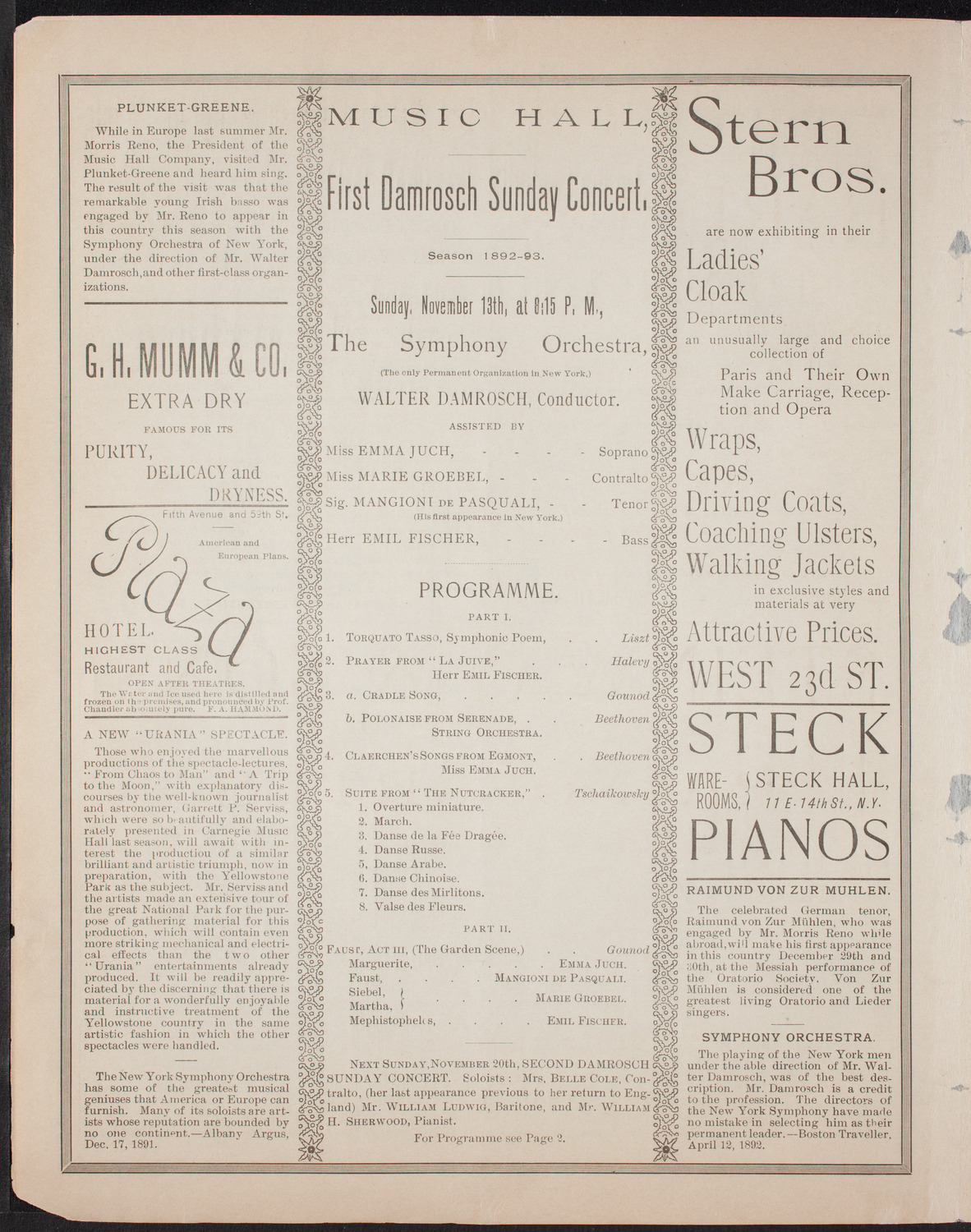 Damrosch Sunday Concert, November 13, 1892, program page 4