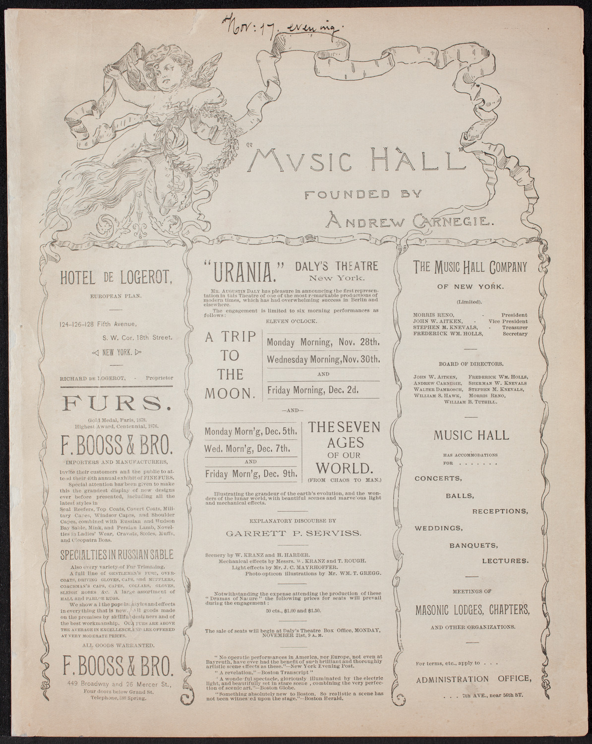 Benefit: Roman Catholic Orphan Asylums, November 17, 1892, program page 1