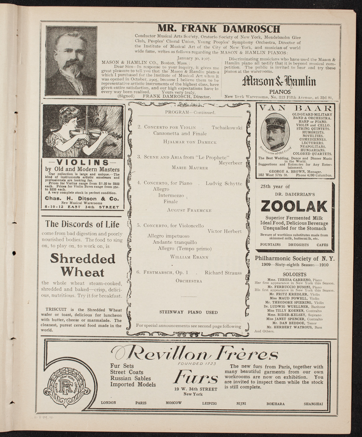 New York College of Music and New York German Conservatory of Music Faculty Concert, November 7, 1909, program page 7