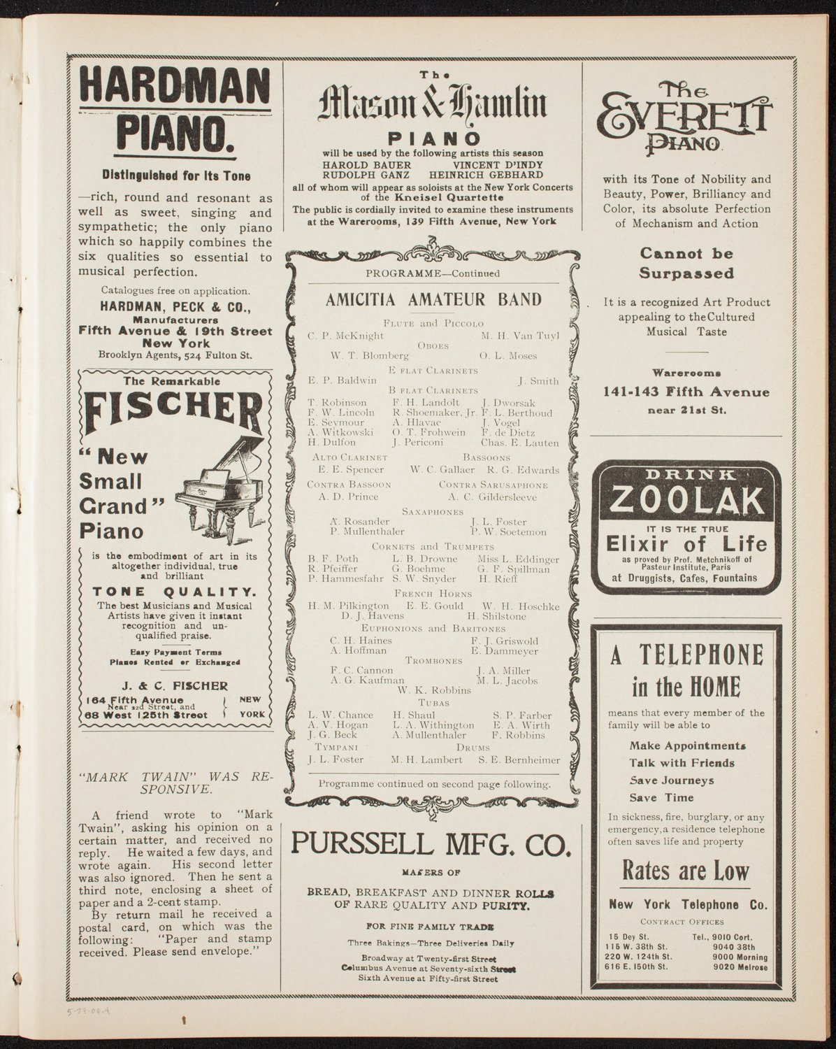 Amicitia Amateur Band, May 27, 1906, program page 7