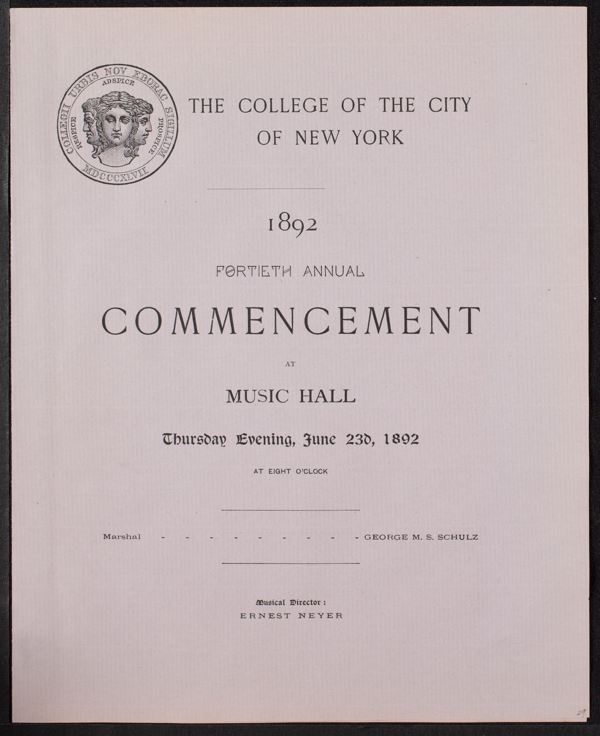 Graduation: College of the City of New York, June 23, 1892, program page 1