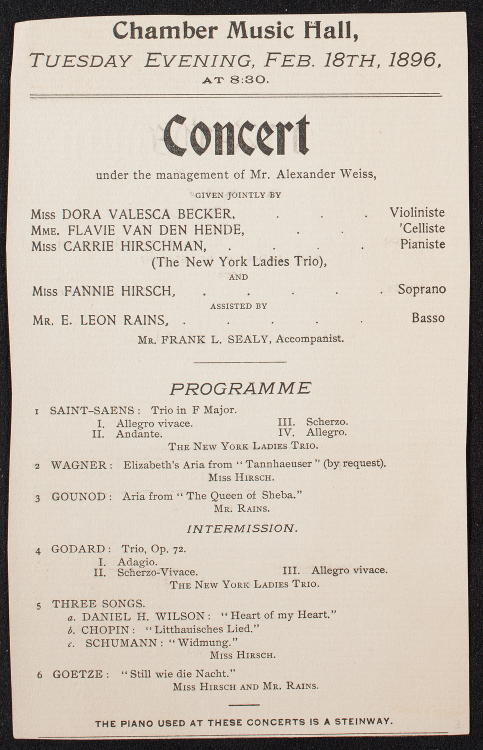 The New York Ladies Trio and Fannie Hirsch, February 18, 1896, program page 1