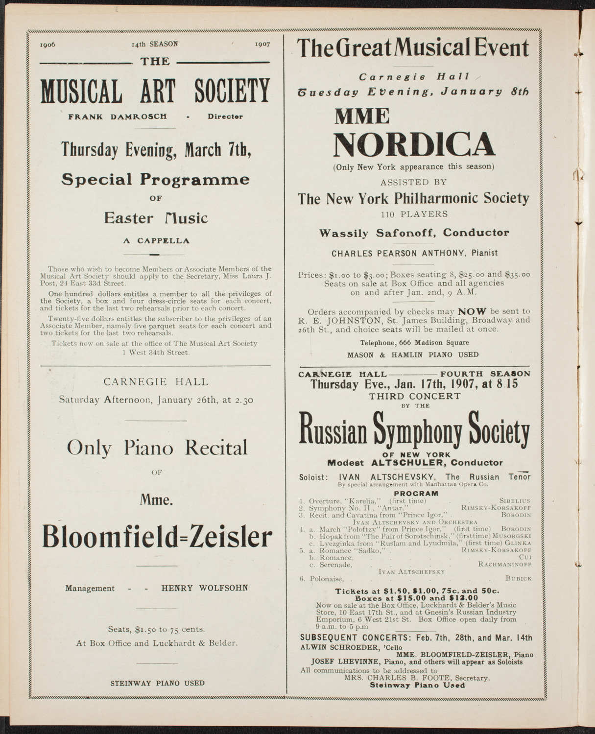 New York Philharmonic, January 4, 1907, program page 10