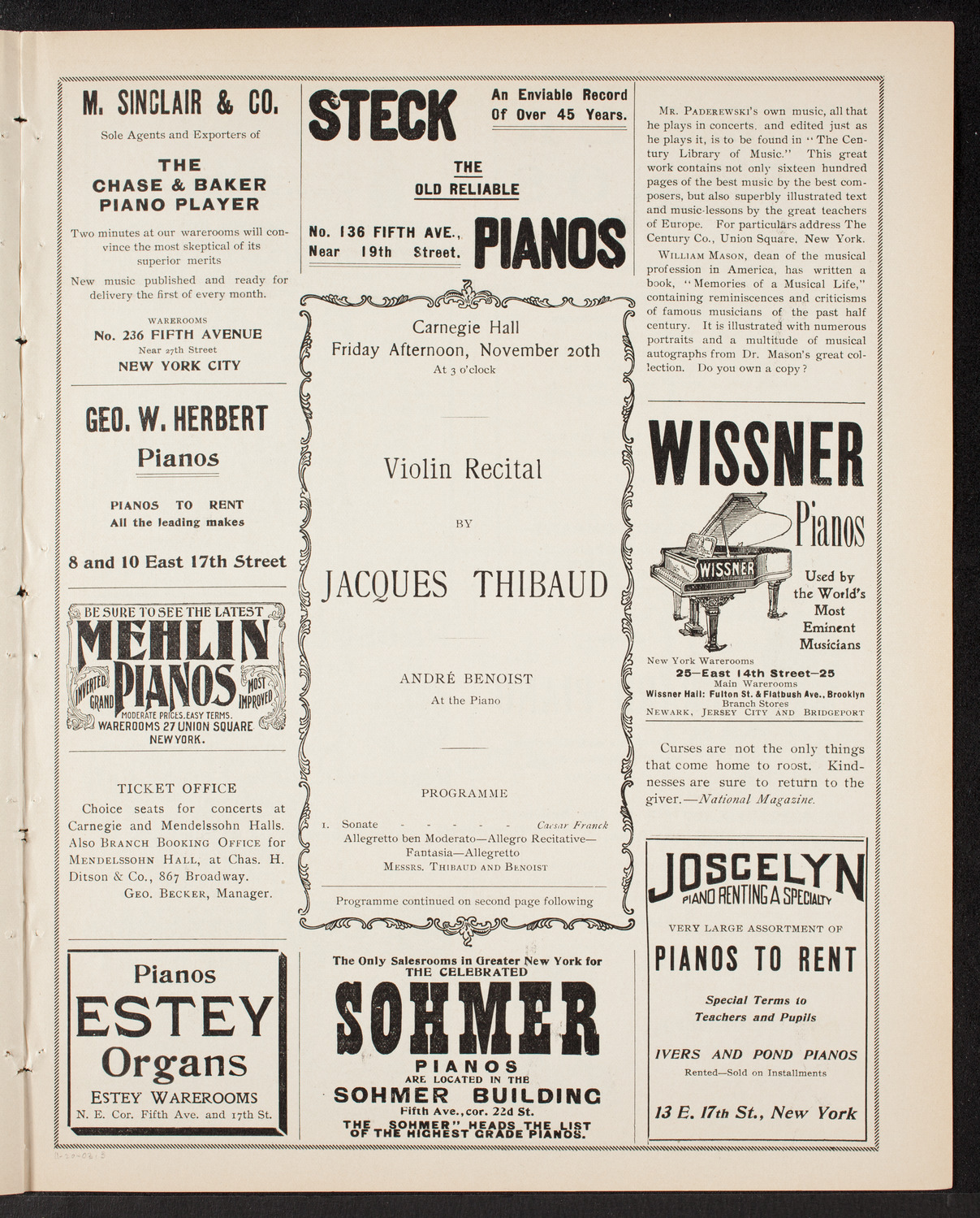 Jacques Thibaud, Violin, November 20, 1903, program page 5