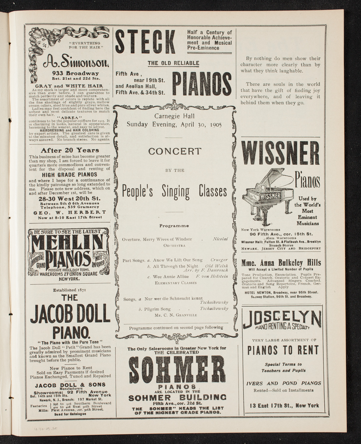 People's Singing Classes, April 30, 1905, program page 5