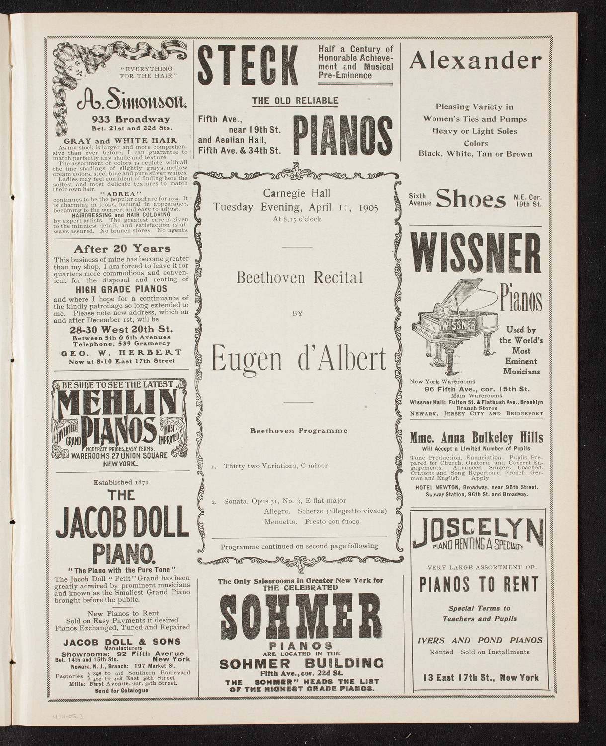 Eugen d'Albert, Piano, April 11, 1905, program page 5