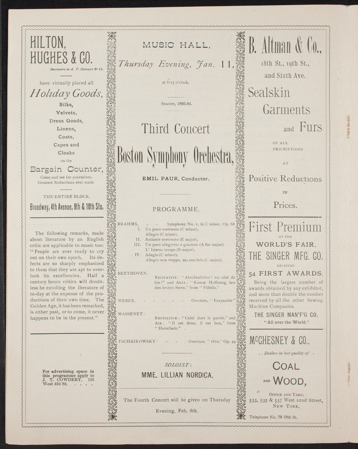 Boston Symphony Orchestra, January 11, 1894, program page 4