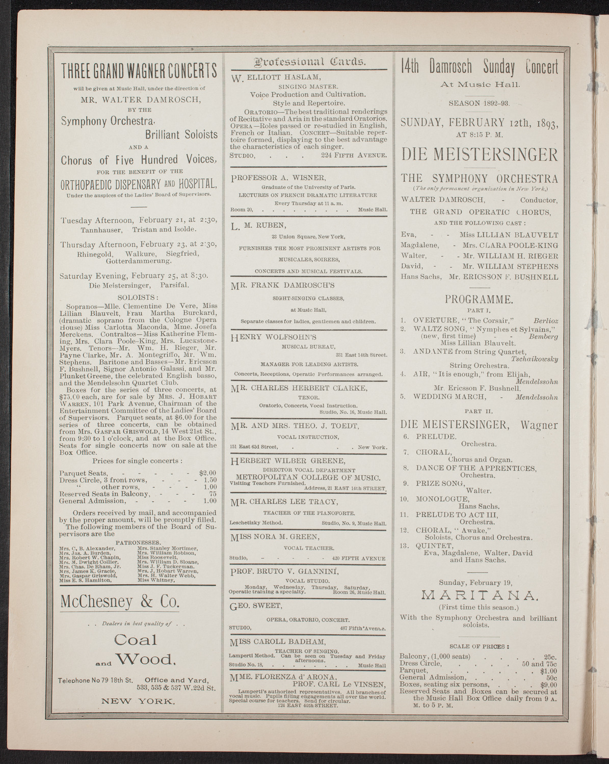 General Society of Mechanics and Tradesmen Program, February 9, 1893, program page 2