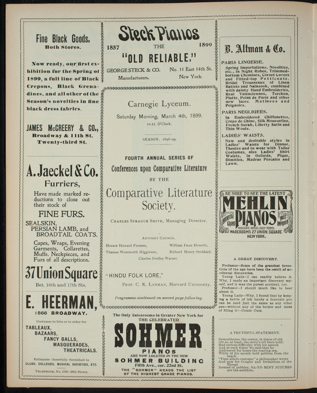 Comparative Literature Society Saturday Morning Conference, March 4, 1899, program page 4