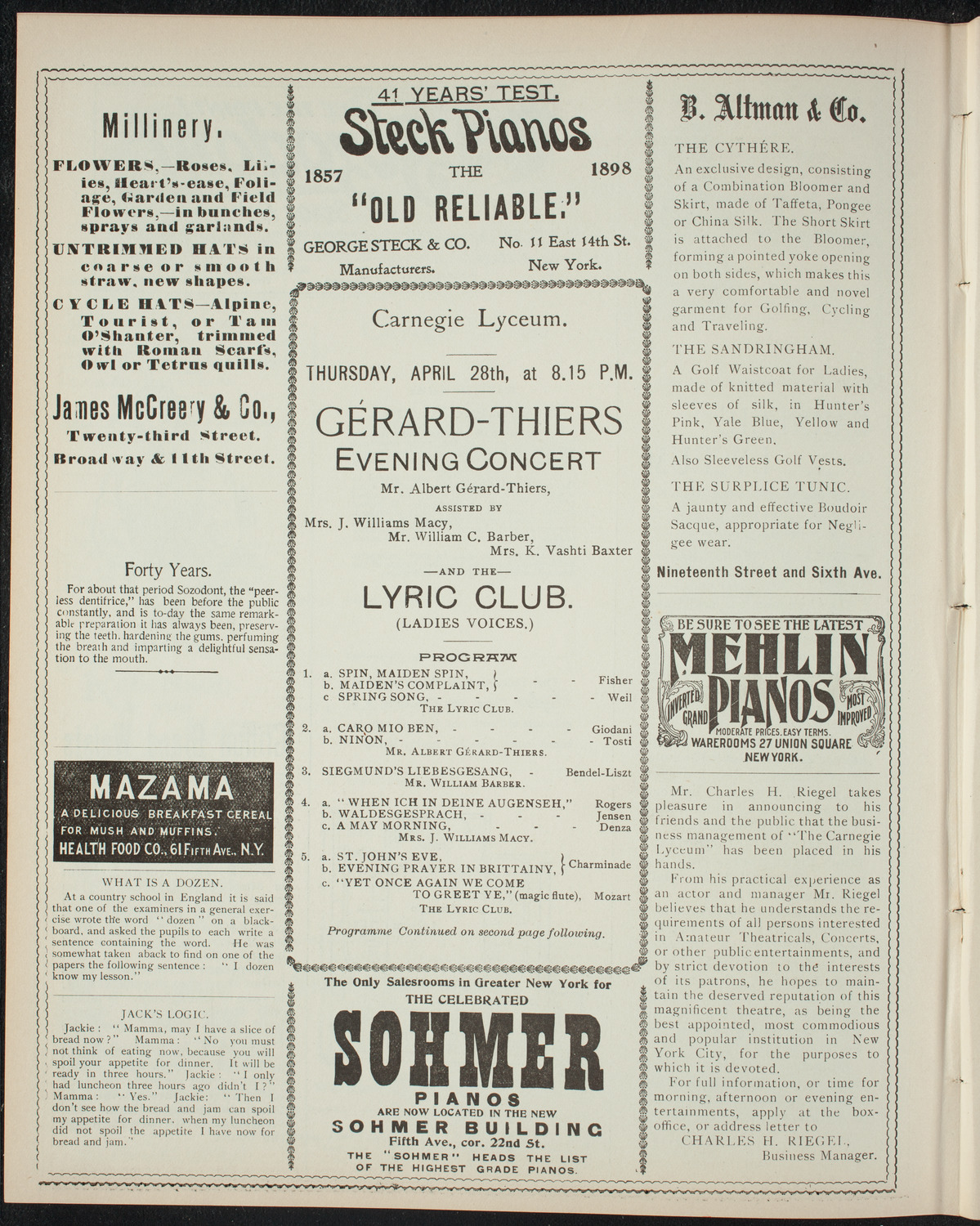 Albert Gerard-Thiers with The Lyric Club and Others, April 28, 1898, program page 4