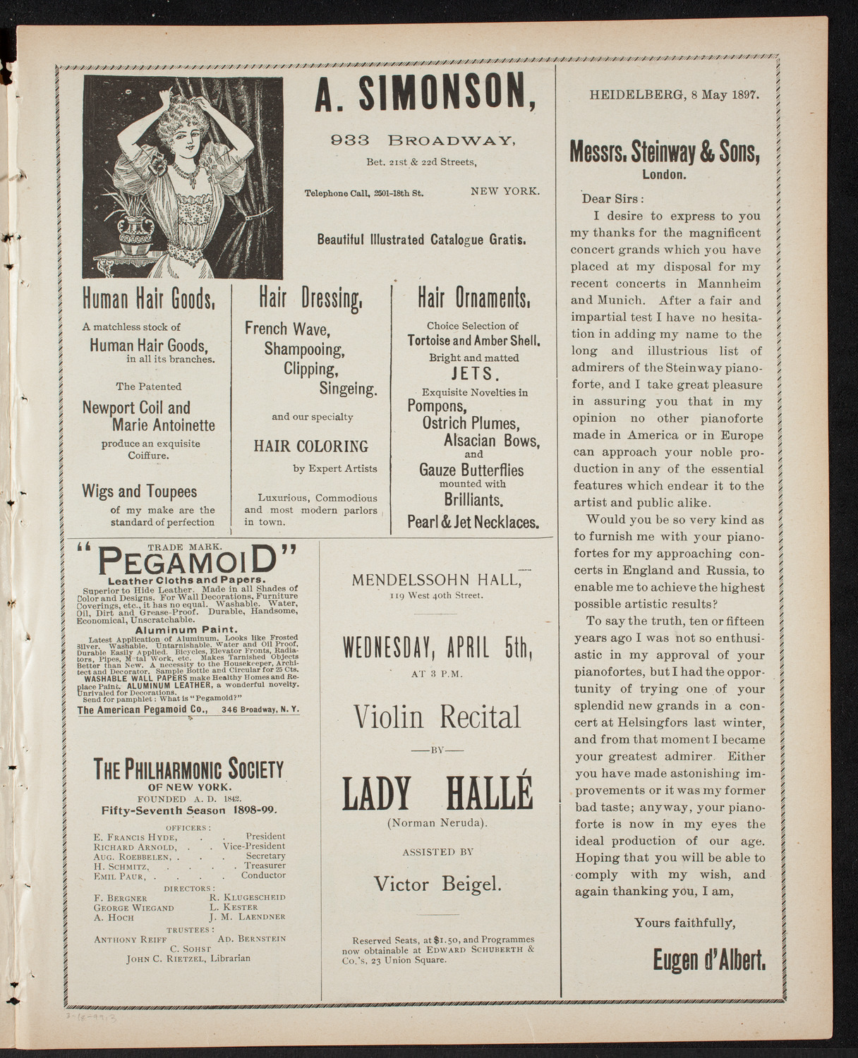 New York Philharmonic, March 18, 1899, program page 5