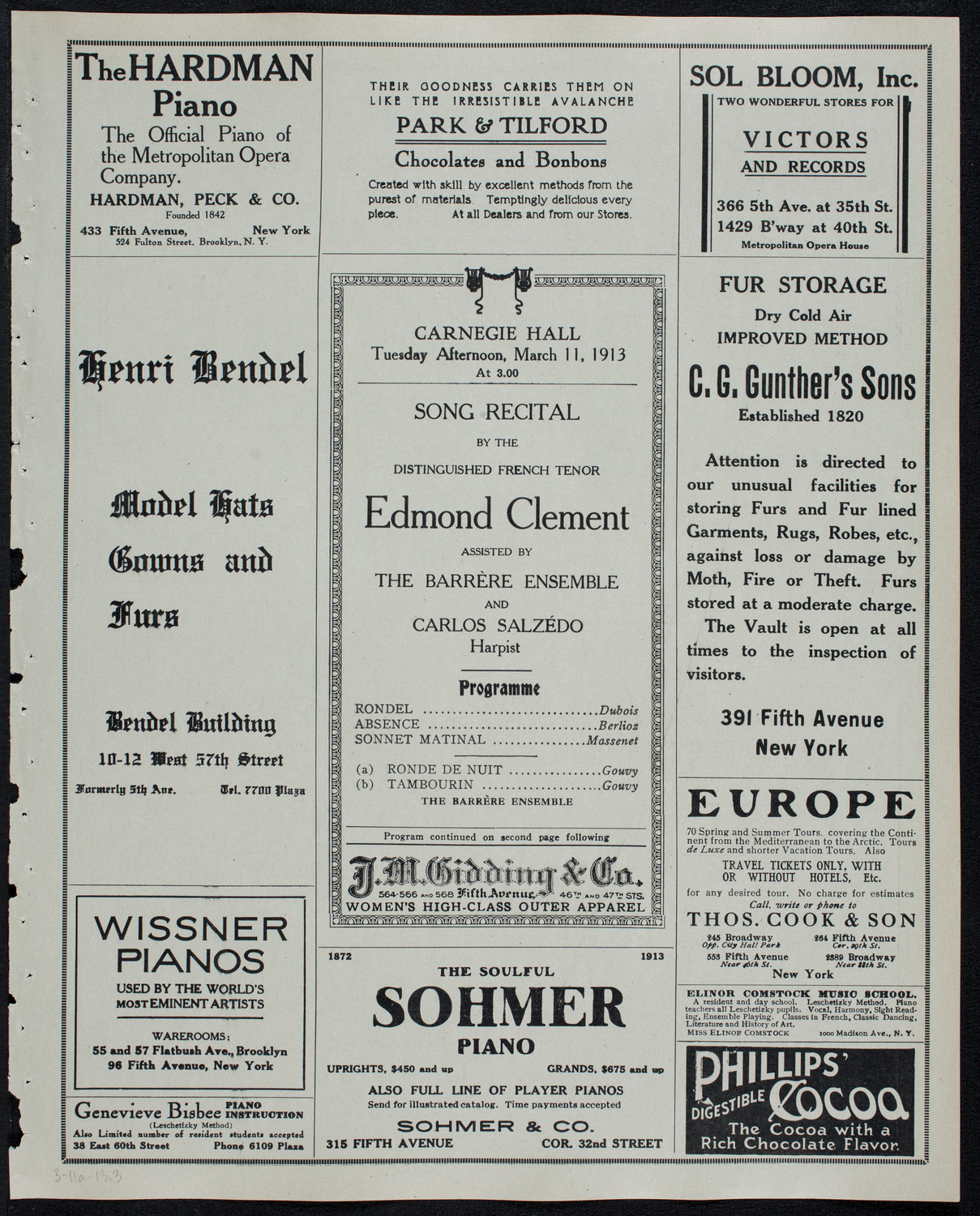 Edmond Clement, Tenor, March 11, 1913, program page 5