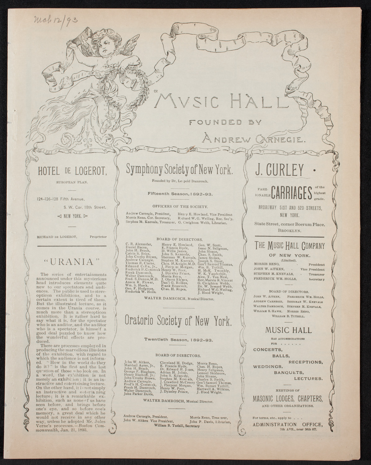 Damrosch Sunday Concert, March 12, 1893, program page 1