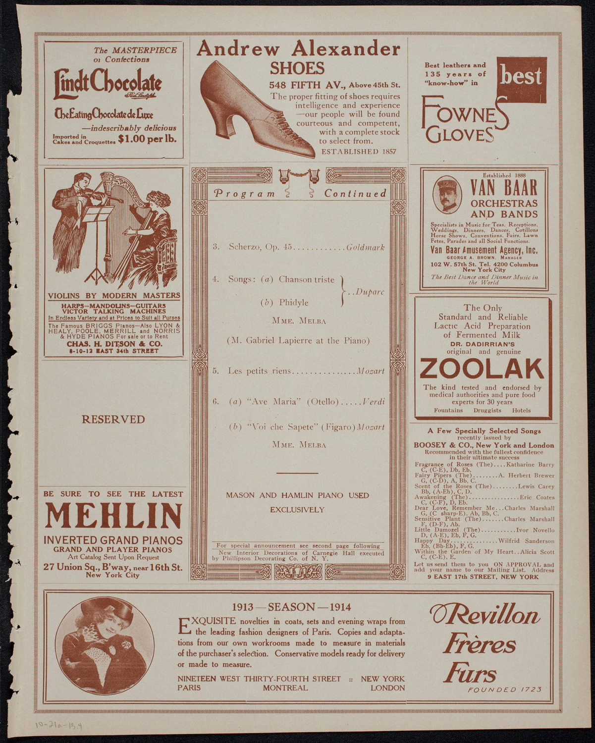 Nellie Melba, Soprano, with the New York Symphony Orchestra, October 21, 1913, program page 7