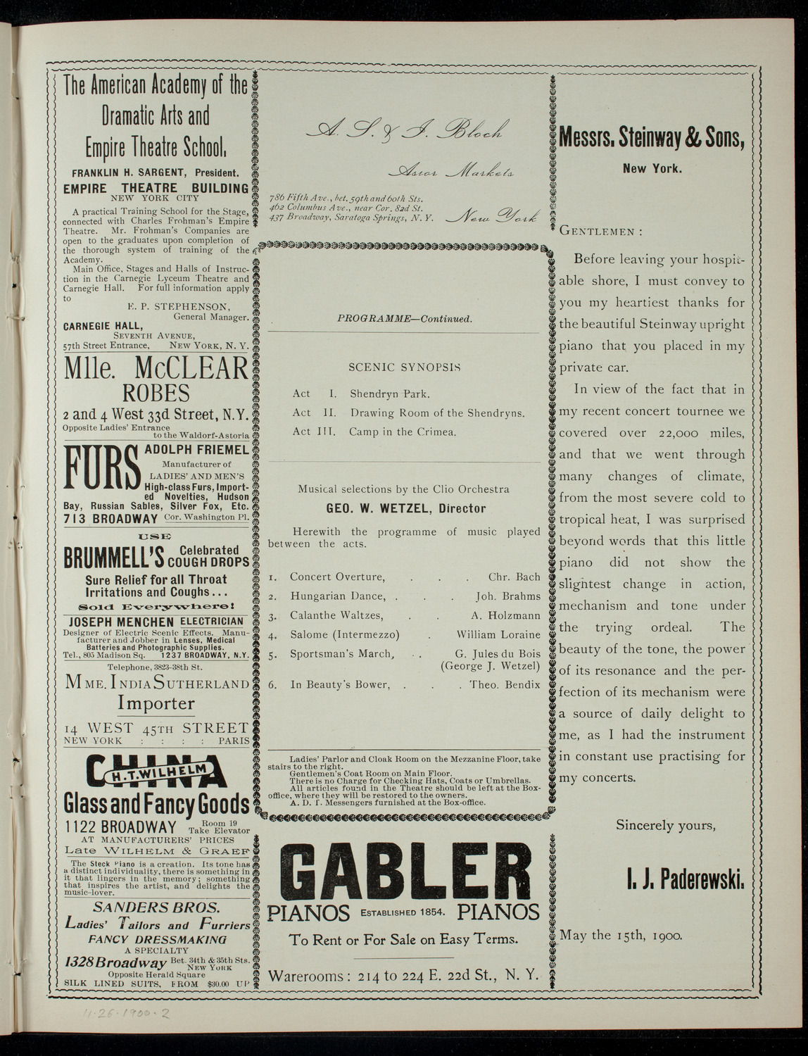 Siddonian Dramatic Club presenting "Ours", November 26, 1900, program page 3