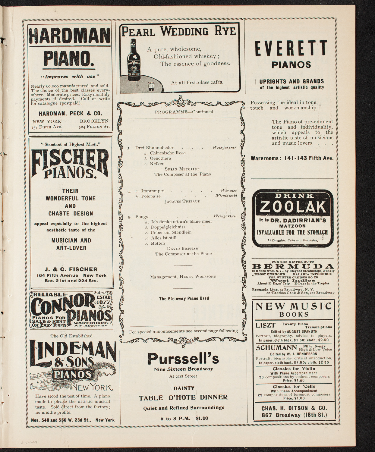 Susan Metcalfe, Soprano, David Bispham, Baritone, Jacques Thibaud, Violin, Pablo Casals, Cello, and Felix Weingartner, Piano, February 15, 1904, program page 7