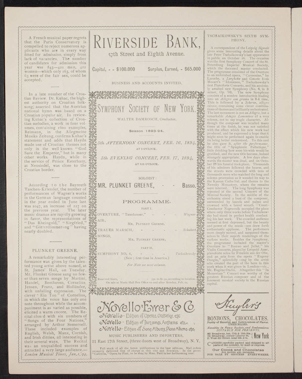Damrosch Sunday Concert, January 28, 1894, program page 6