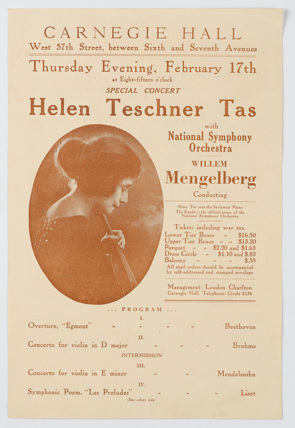 Helen Teschner Tas with the National Symphony Orchestra, February 17, 1921