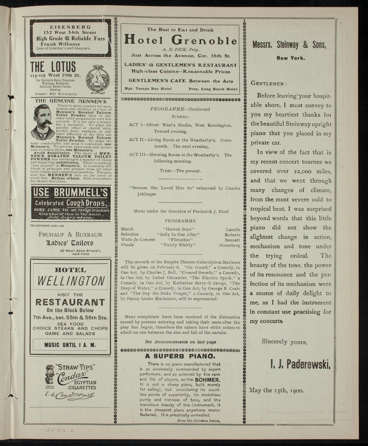 Academy Stock Company of the American Academy of Dramatic Arts/Empire Theatre Dramatic School, January 26, 1903, program page 3