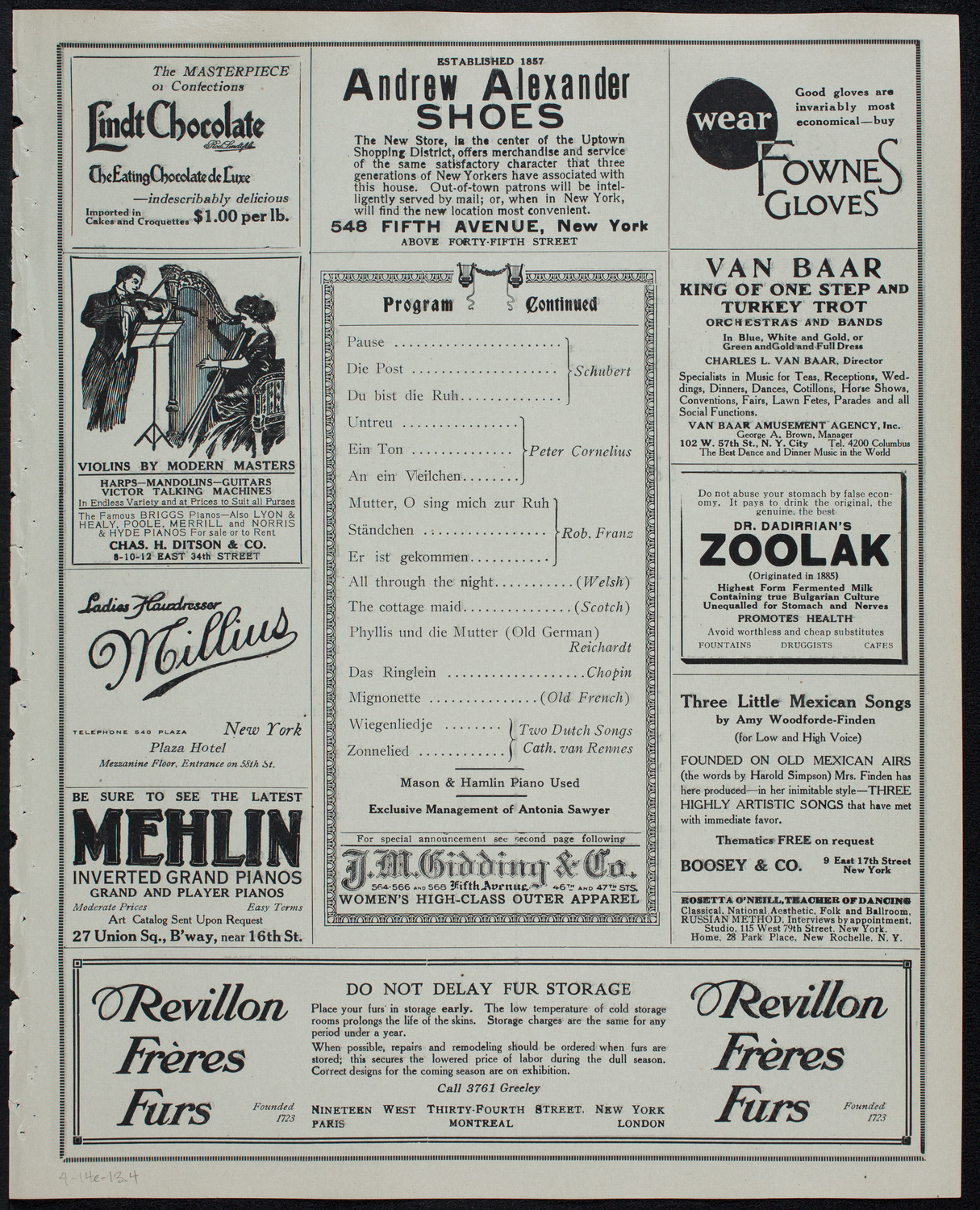 Julia Culp, Contralto, April 14, 1913, program page 7