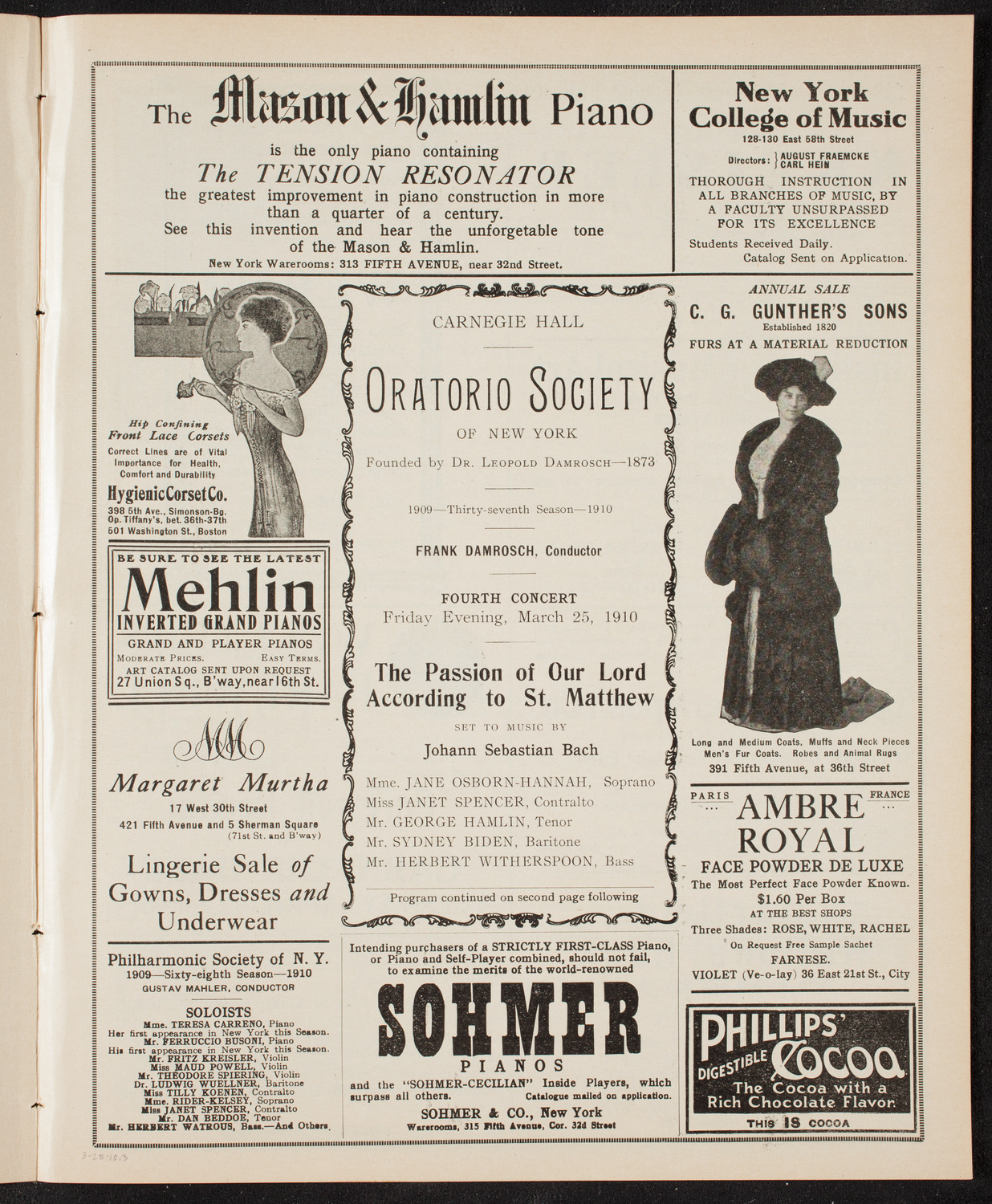 Oratorio Society of New York, March 25, 1910, program page 5