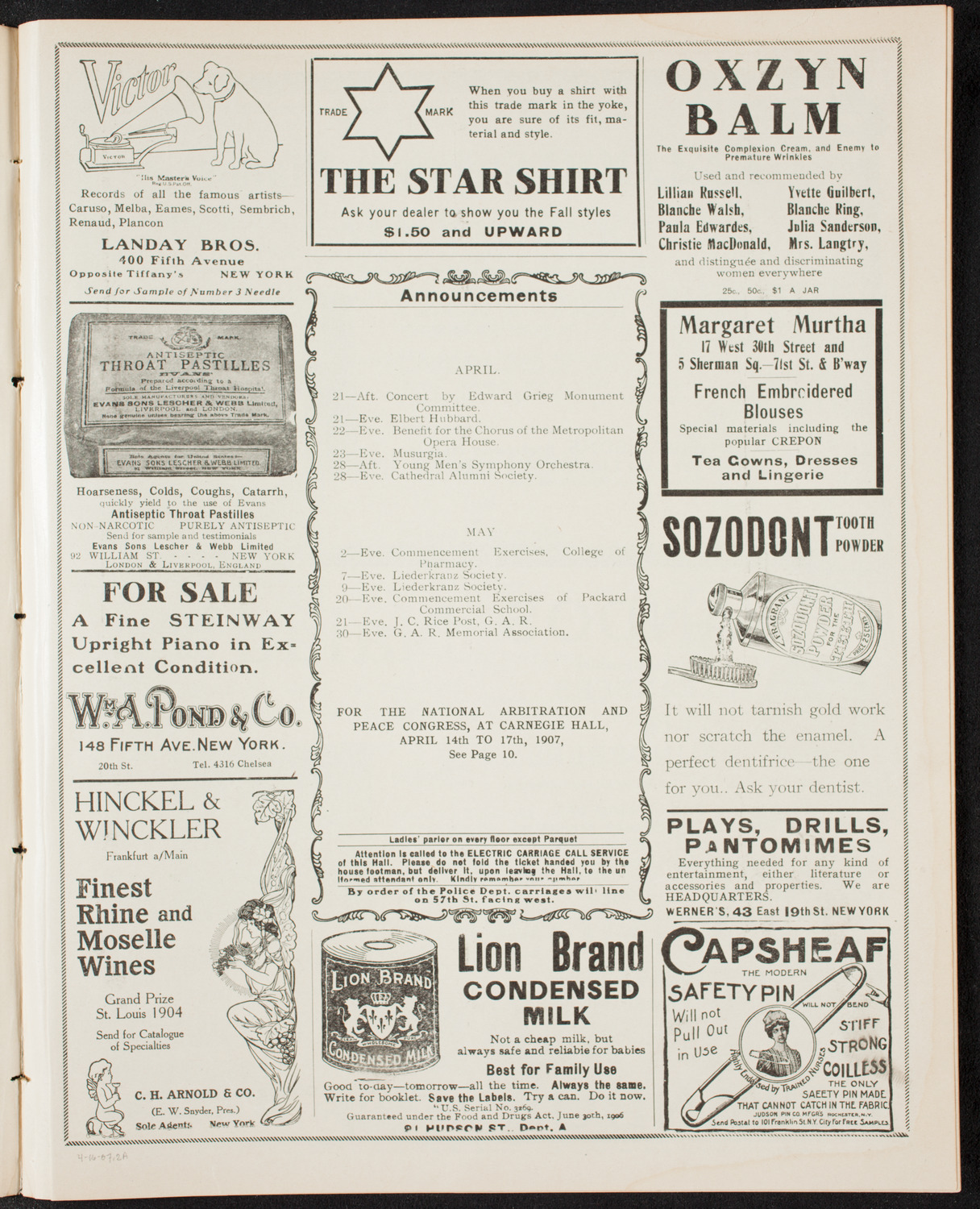 National Arbitration and Peace Congress, April 16, 1907, program page 3