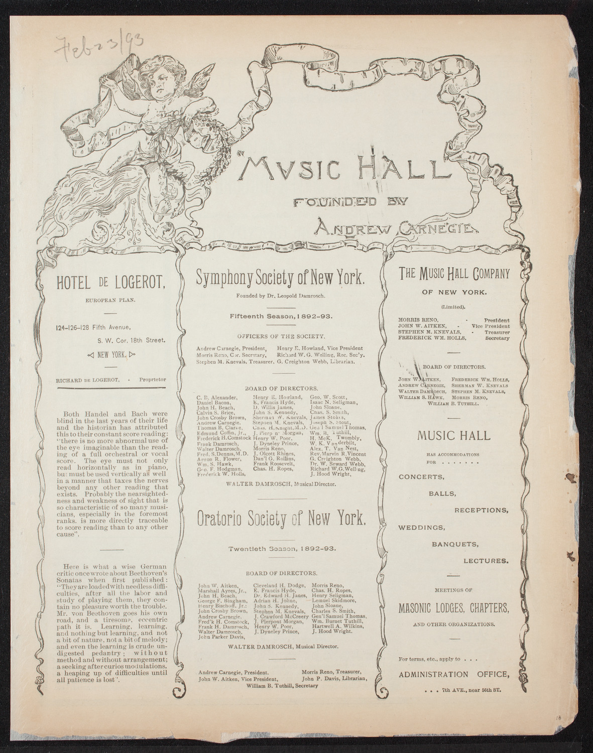 Frederic Dean's Second Lenten Lecture, February 23, 1893, program page 1