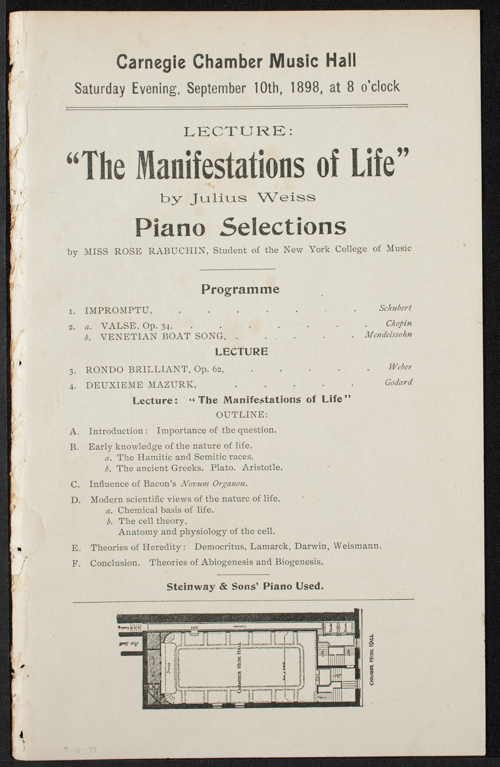 Lecture on The Manifestations of Life, September 10, 1898, program page 1