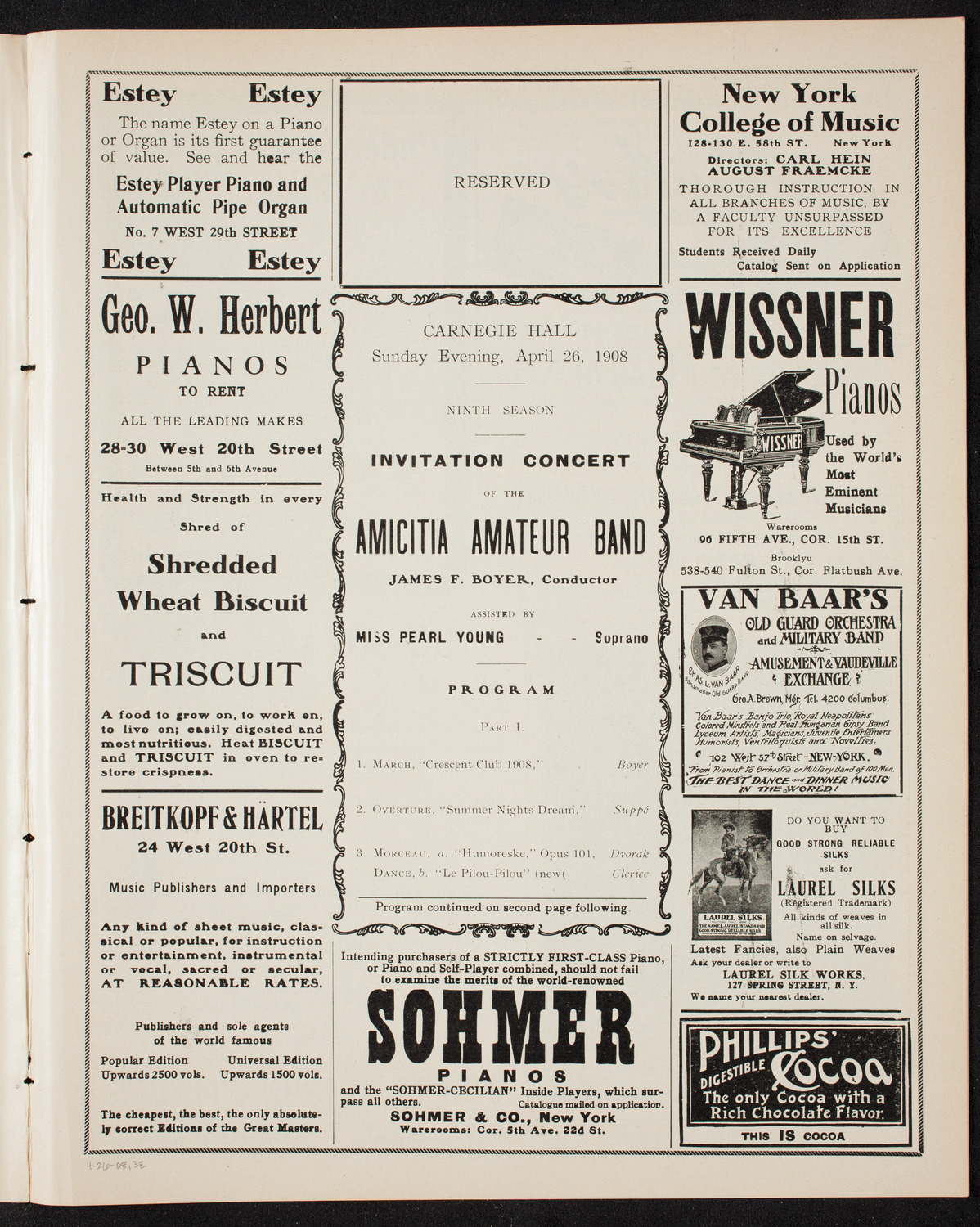 Amicitia Amateur Band, April 26, 1908, program page 5