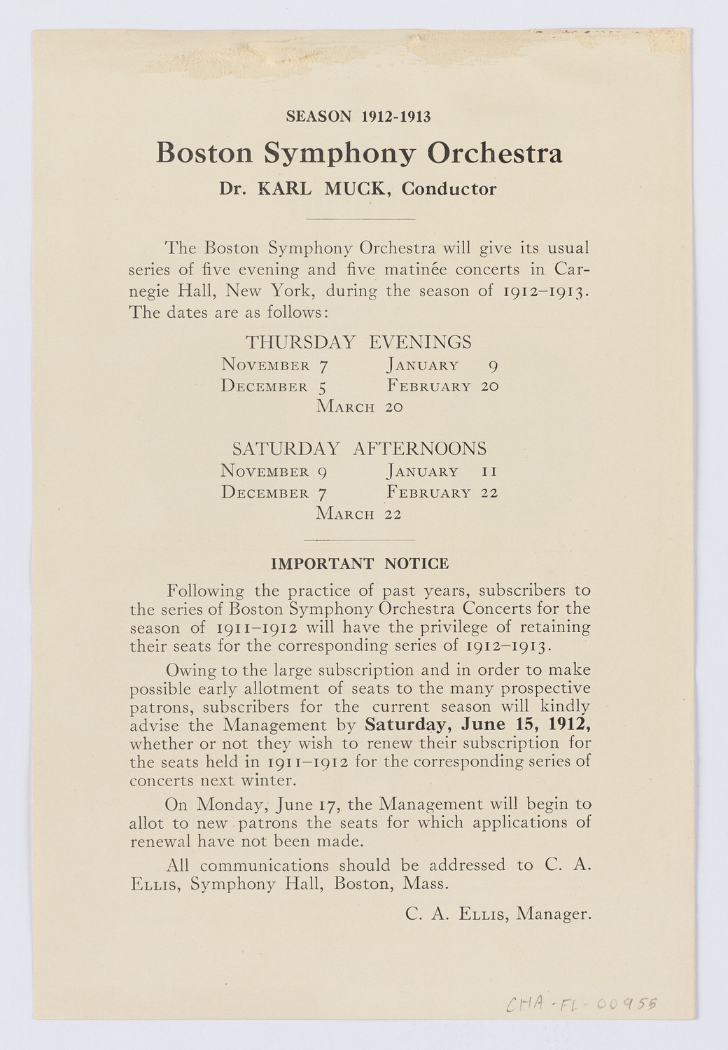 Boston Symphony Orchestra, March 1912