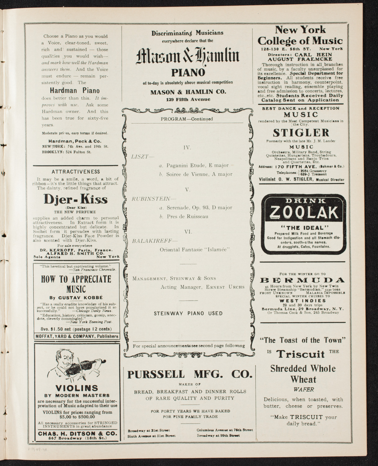 Josef Lhévinne, Piano, March 14, 1907, program page 7