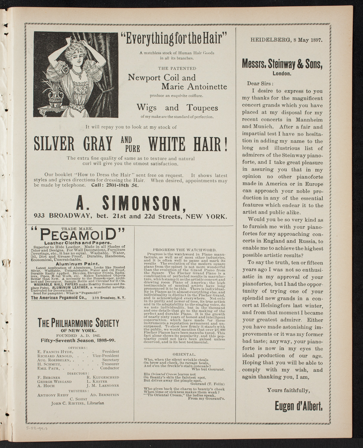 Emil Sauer, Piano, May 22, 1899, program page 5