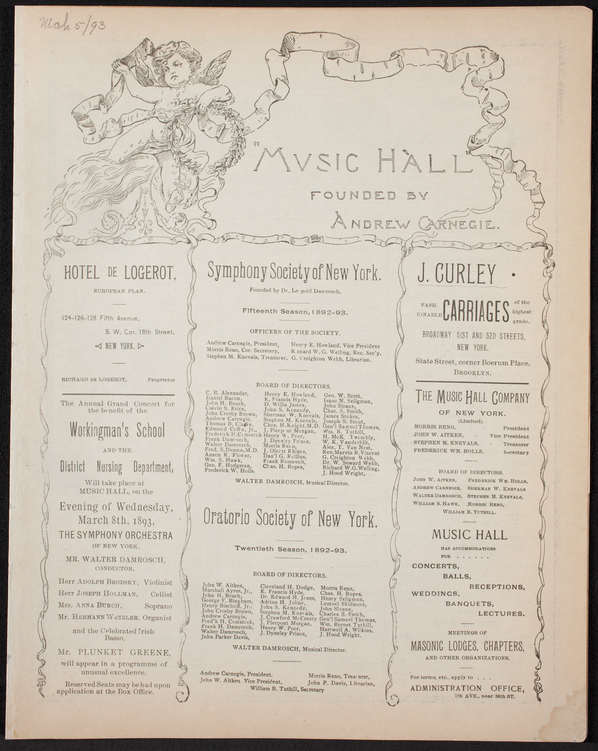 Damrosch Sunday Concert: Grand Wagner Night, March 5, 1893, program page 1