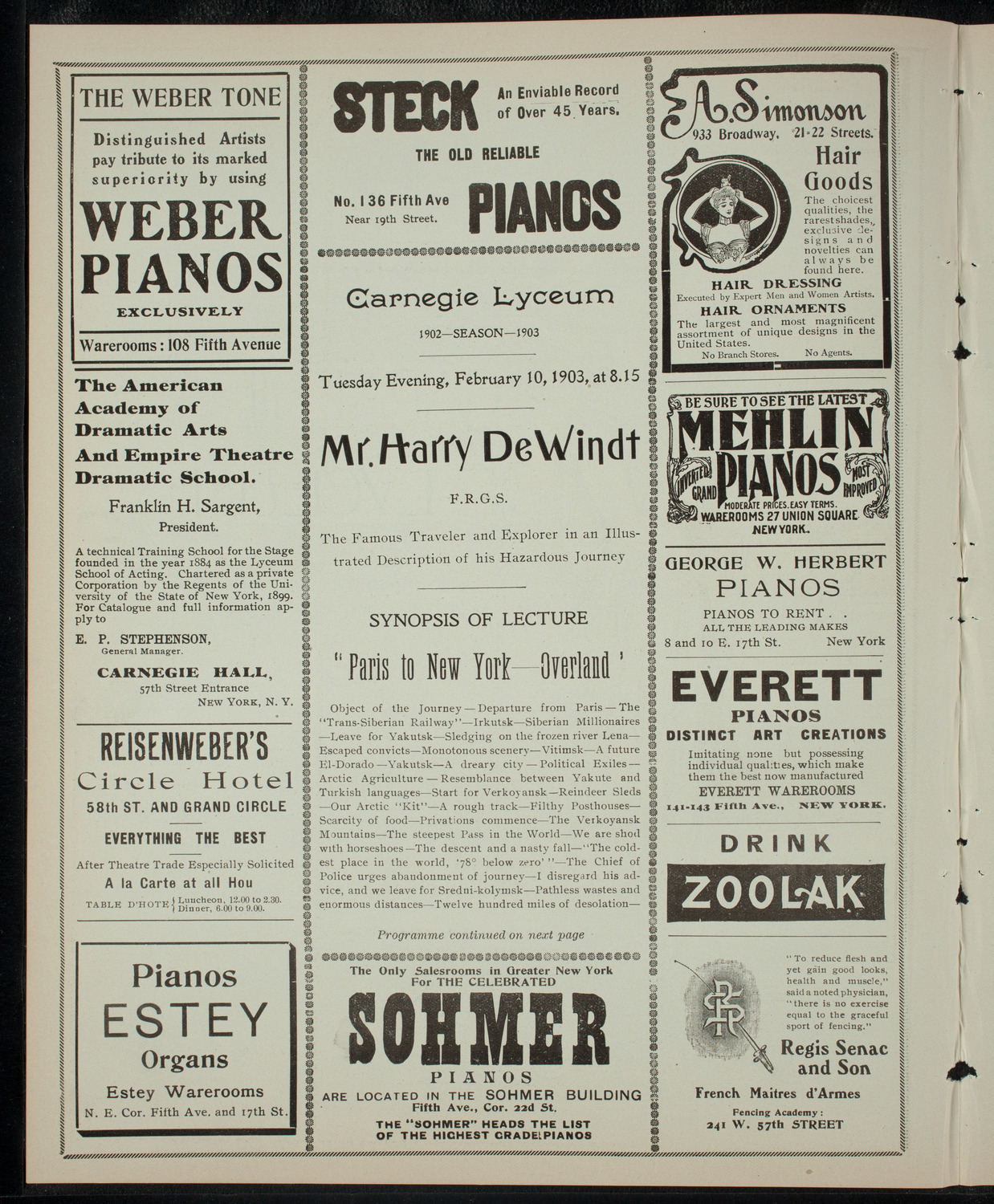 Harry DeWindt, February 10, 1903, program page 2