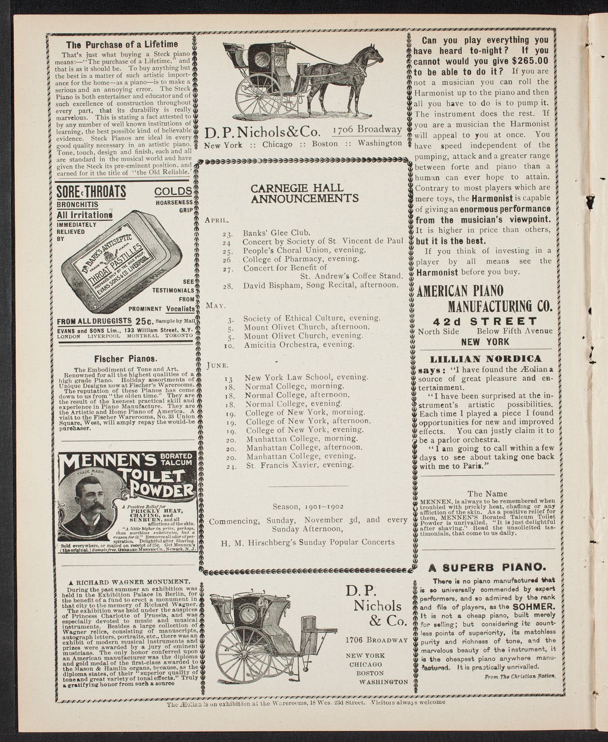 Teresa Carreño, Piano, April 22, 1901, program page 2