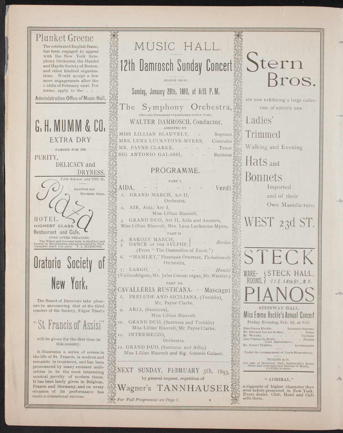 Damrosch Sunday Concert, January 29, 1893, program page 4