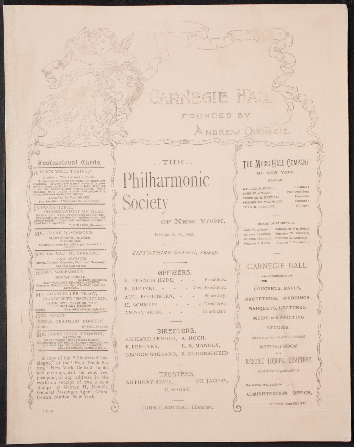 New York Philharmonic, January 11, 1895, program page 1