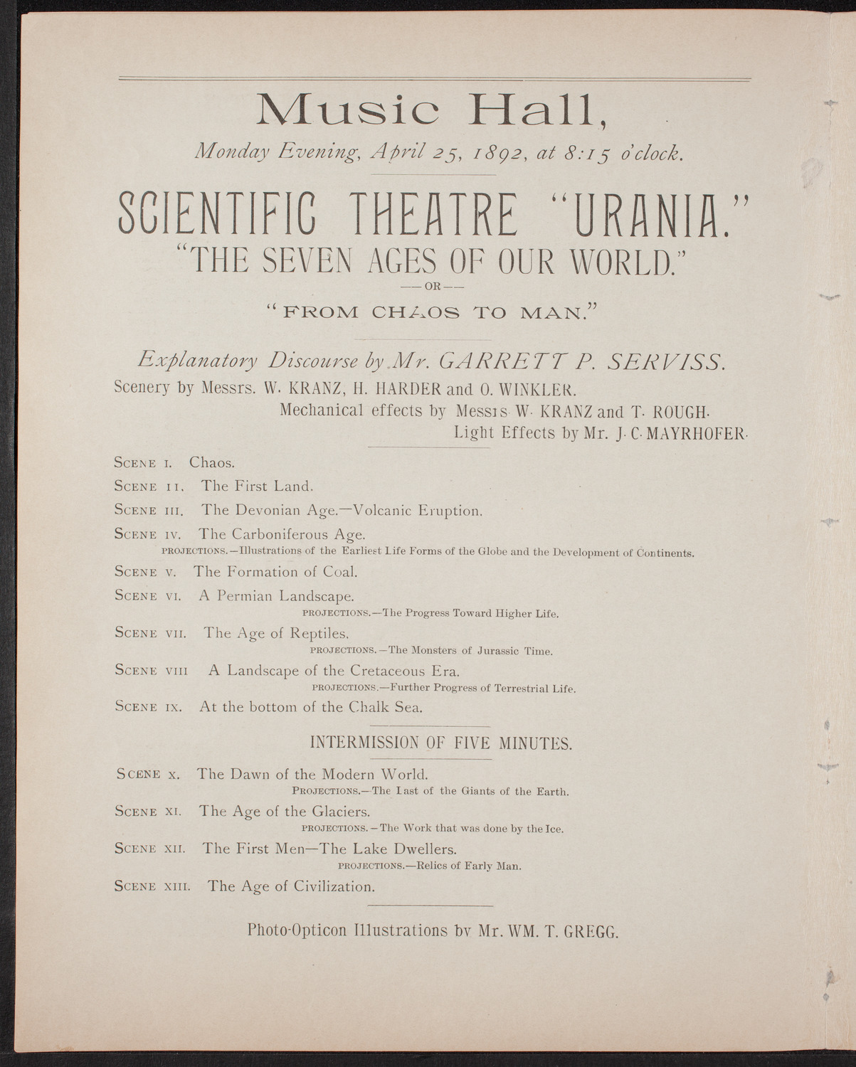 Urania Scientific Theatre, April 25, 1892, program page 6
