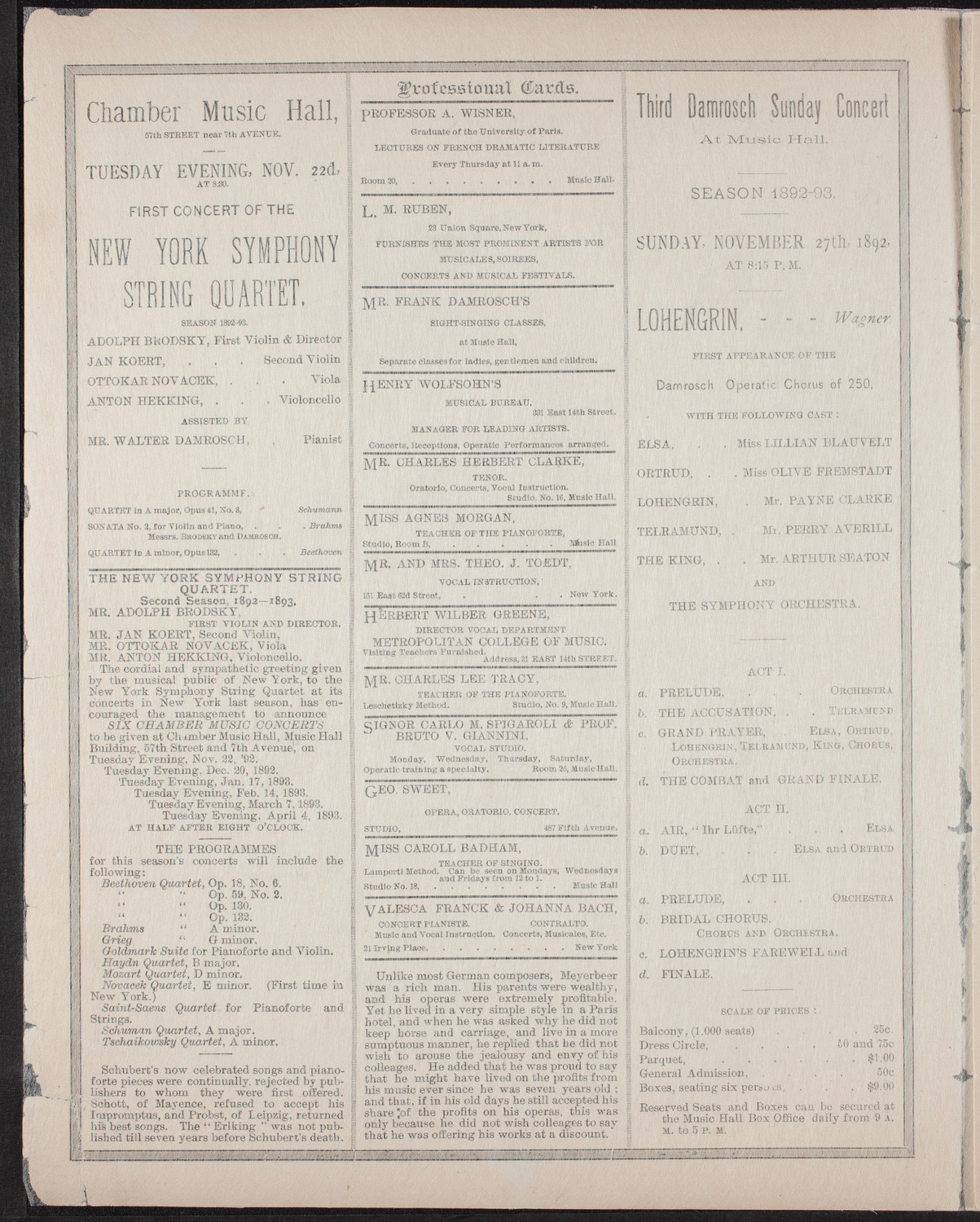 Damrosch Sunday Concert, November 20, 1892, program page 2