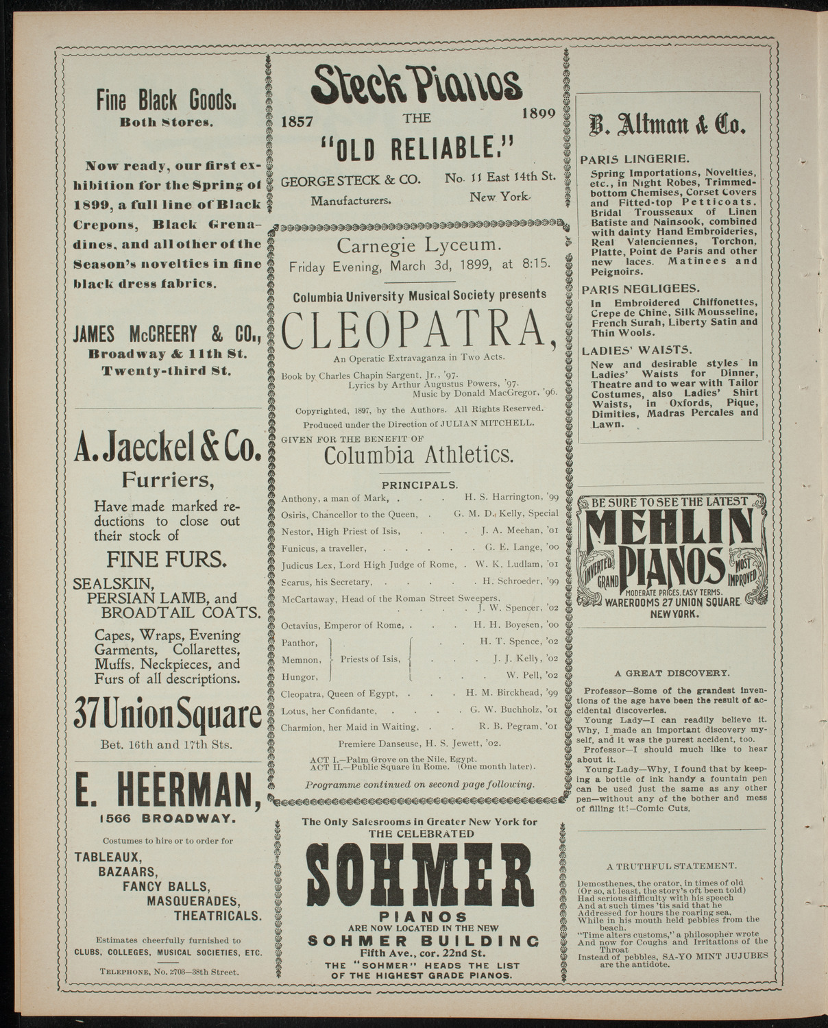 Columbia University Musical Society, March 3, 1899, program page 4